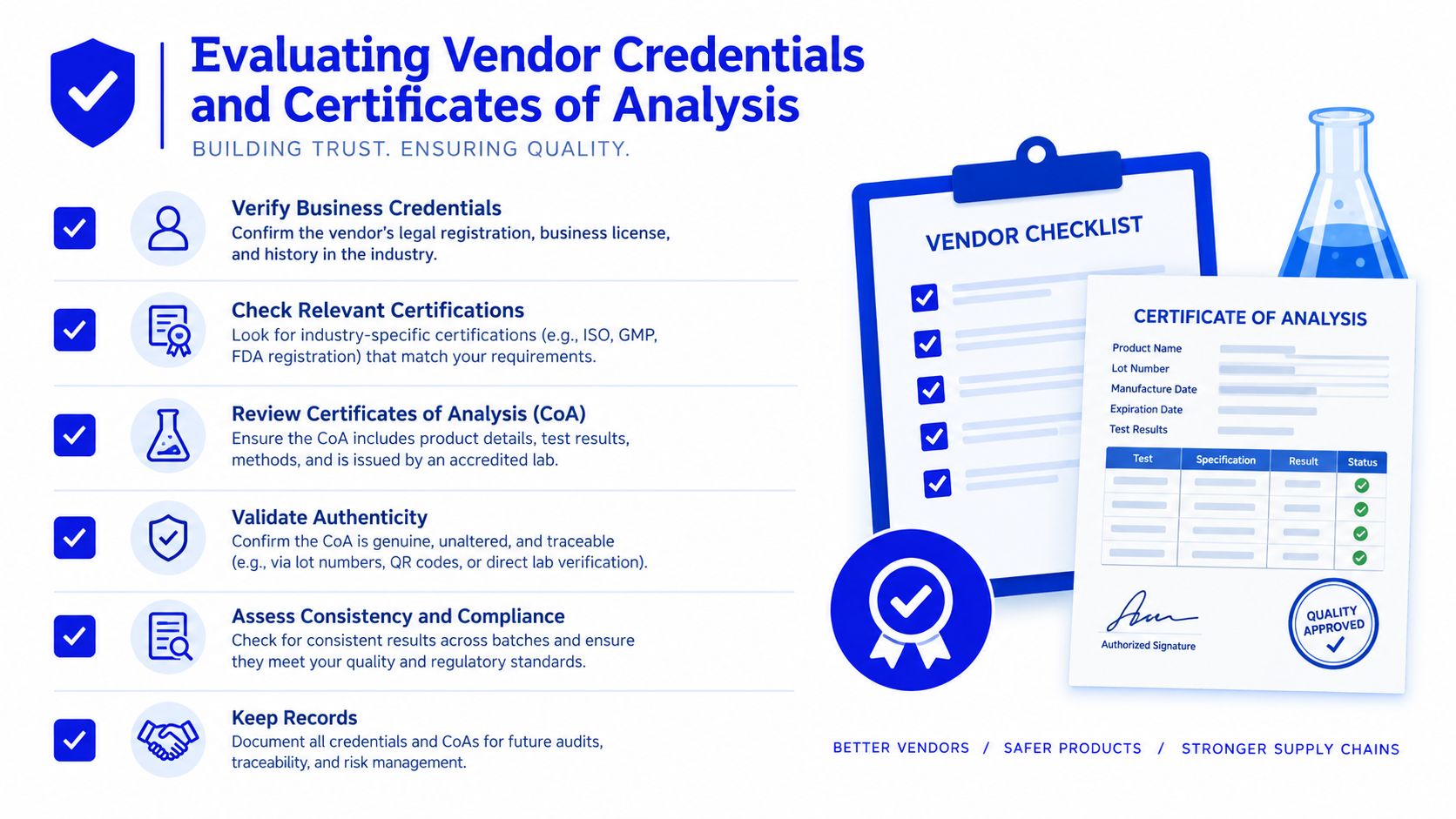 An infographic detailing the steps for evaluating vendor credentials and certificates of analysis for quality assurance.