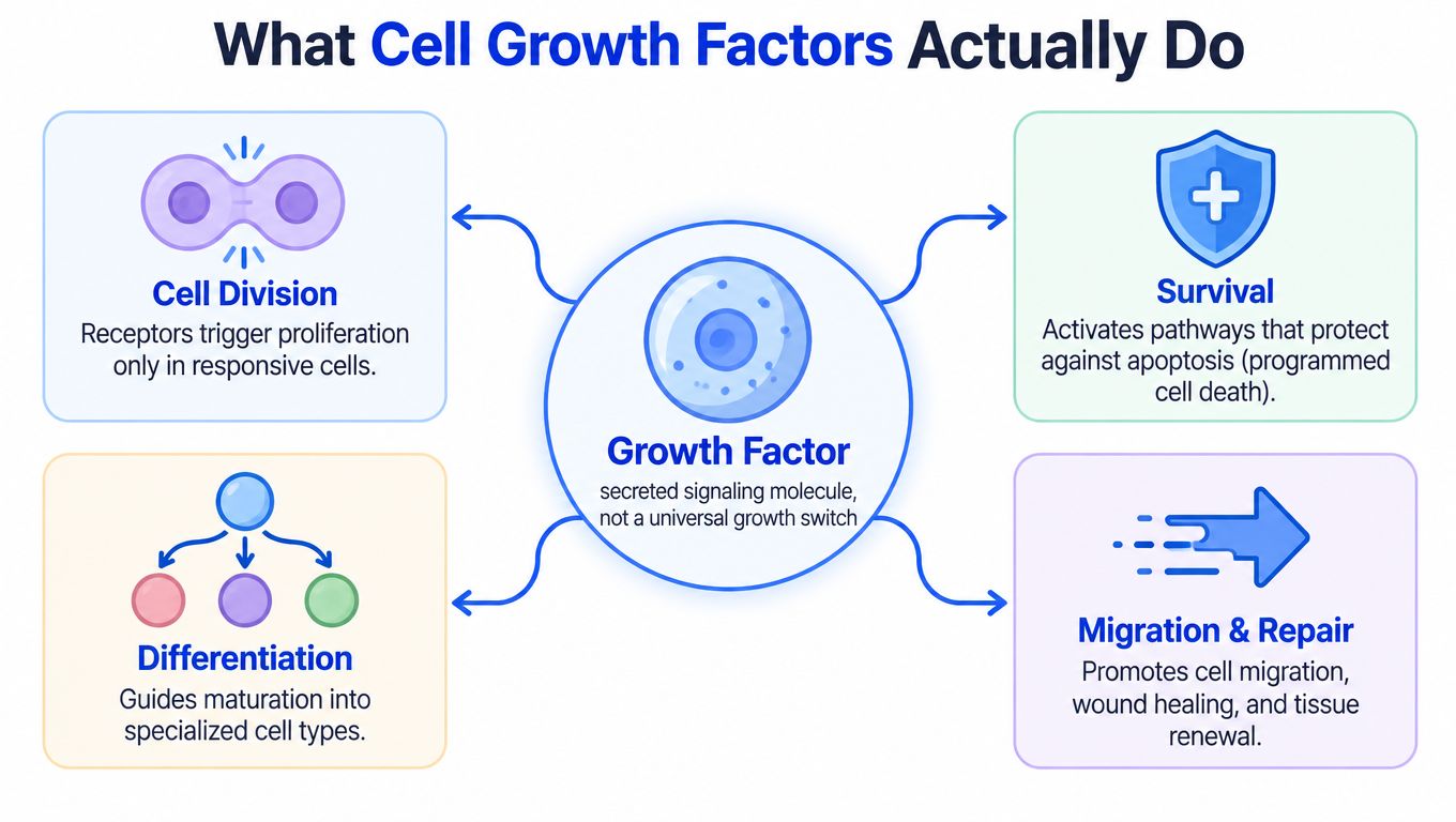 A diagram illustrating the four primary functions of cell growth factors, including division, survival, differentiation, and migration.