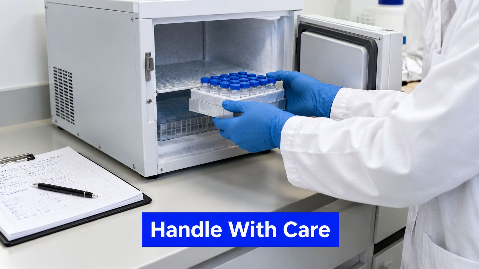 A laboratory technician in a white coat wearing blue gloves carefully handling a tray of vaccine vials.