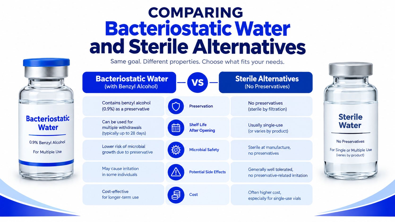 A comparison chart explaining the differences between bacteriostatic water and sterile water for medical use.