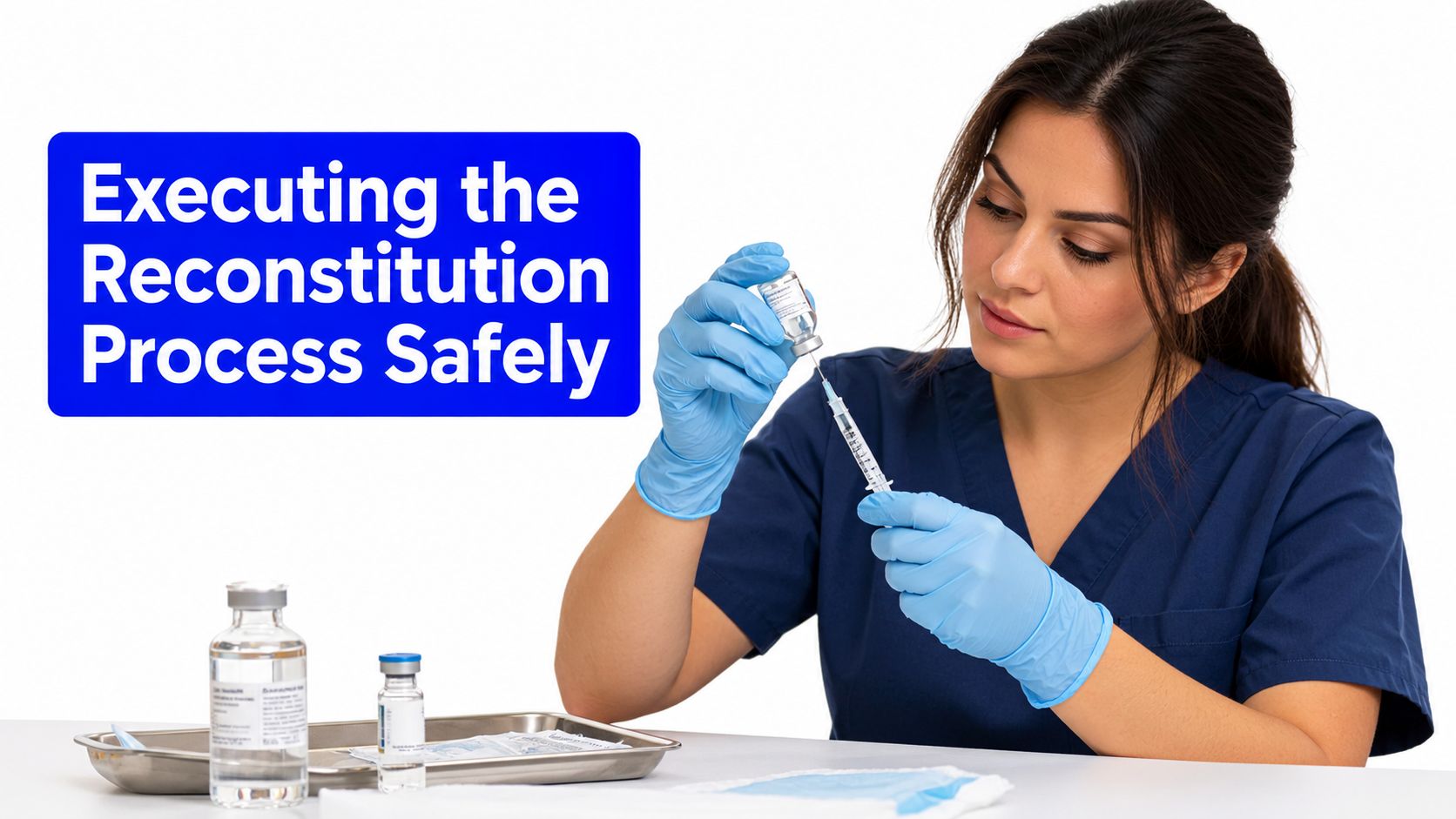 A healthcare professional in scrubs and blue gloves carefully reconstituting a medication vial with a syringe.