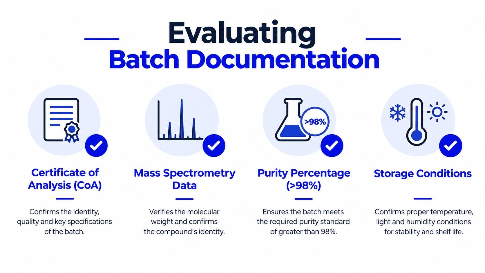 A visual guide titled Evaluating Batch Documentation listing four essential quality control steps for chemical batches.