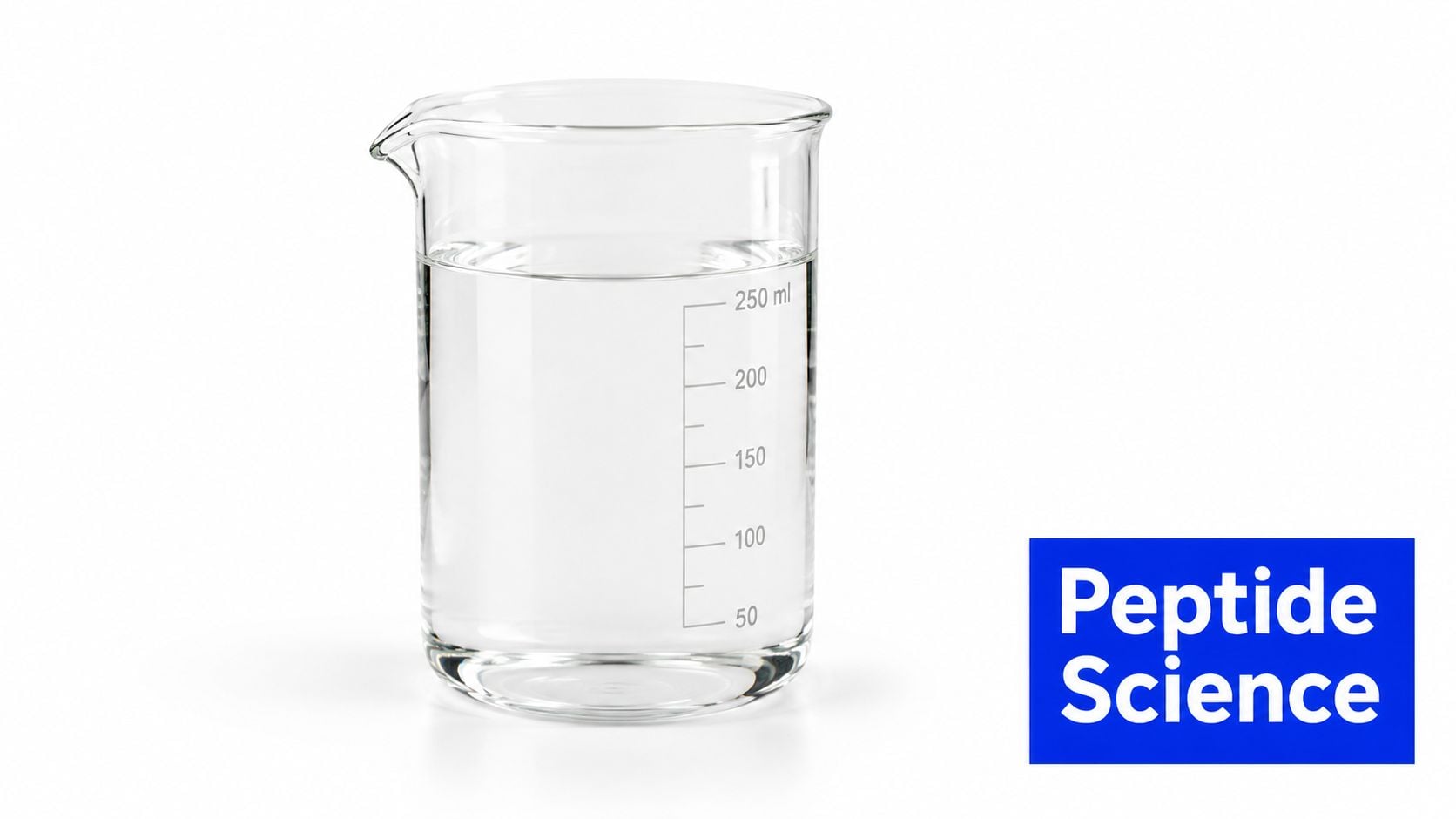 A clear laboratory beaker filled with distilled liquid against a clean white background.