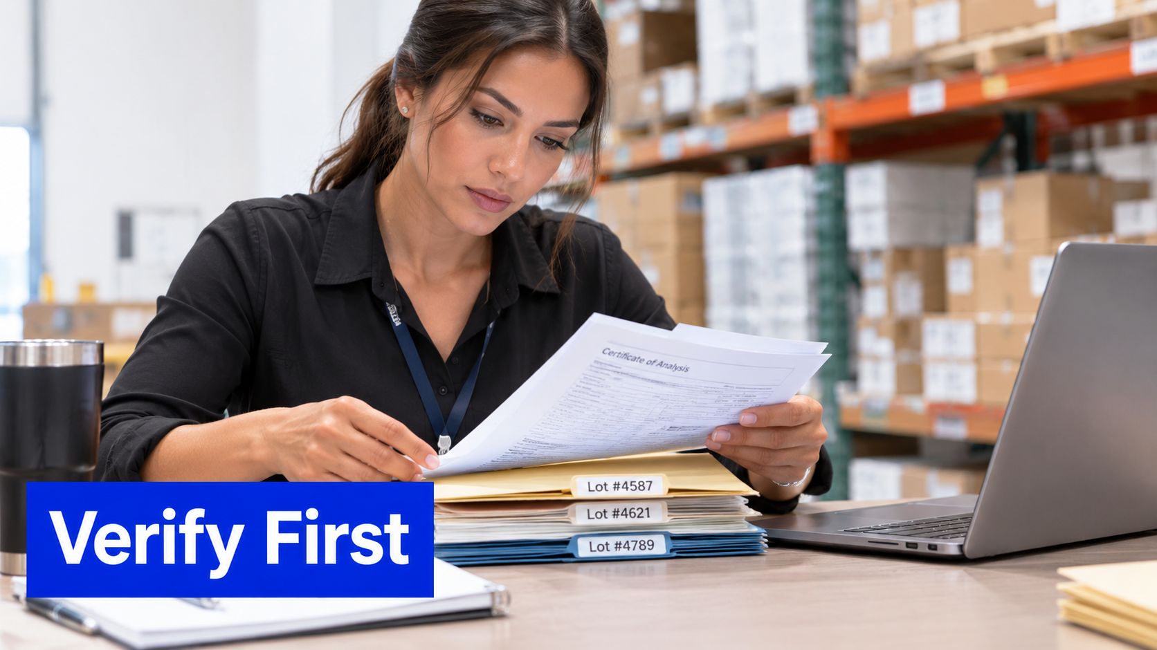 A professional woman in a warehouse office reviewing a certificate of analysis document at her desk.