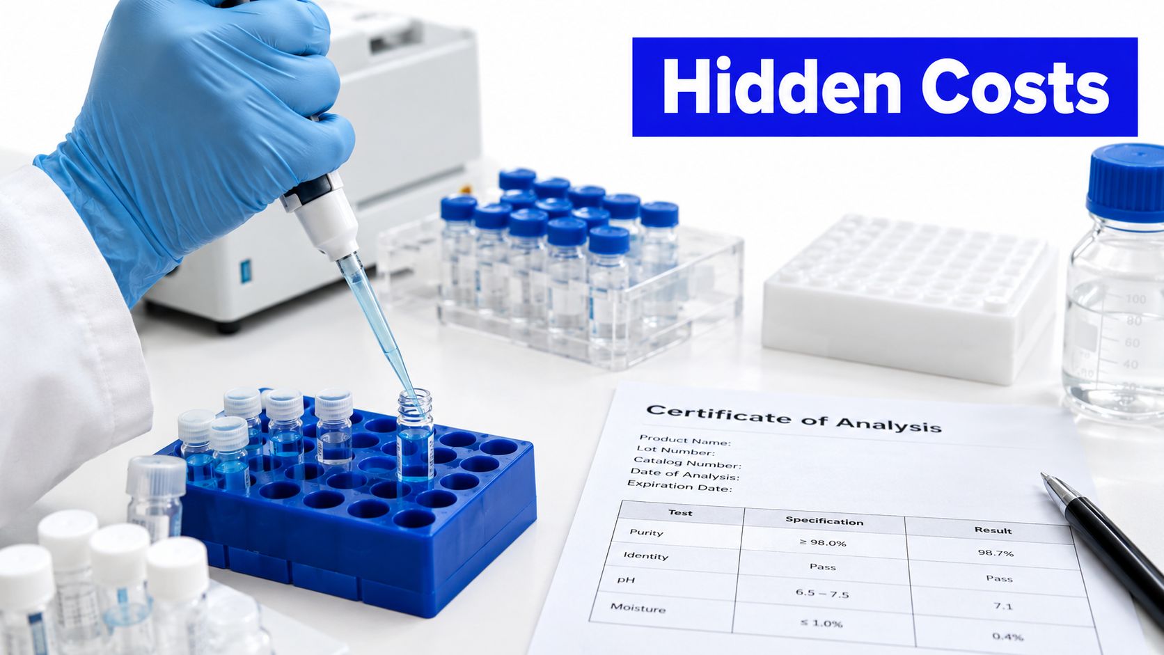 A lab technician in blue gloves using a pipette to transfer blue liquid into a test tube.