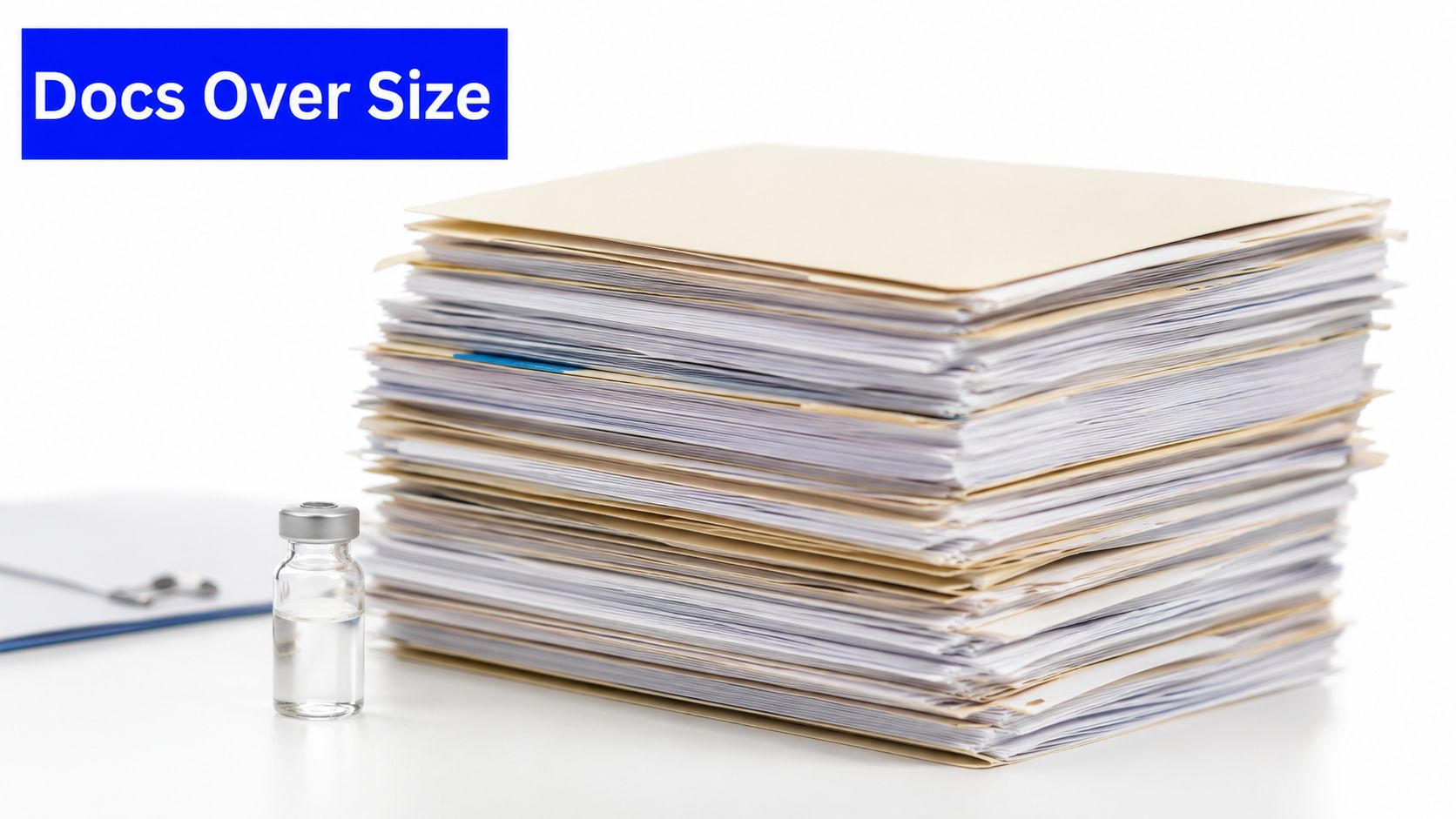 A large stack of paperwork beside a small glass medicine vial on a white surface.