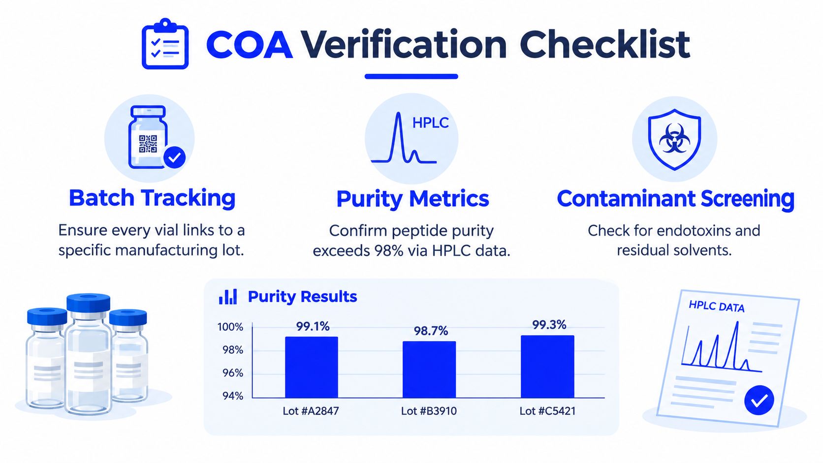 A COA verification checklist infographic showing steps for batch tracking, purity metrics, and contaminant screening of peptides.