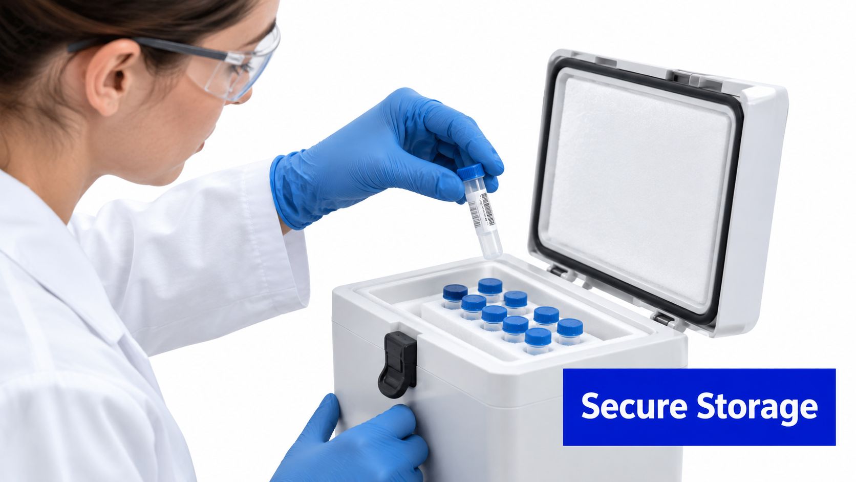 A scientist in a lab coat and gloves handling a small vial while storing it in a container.